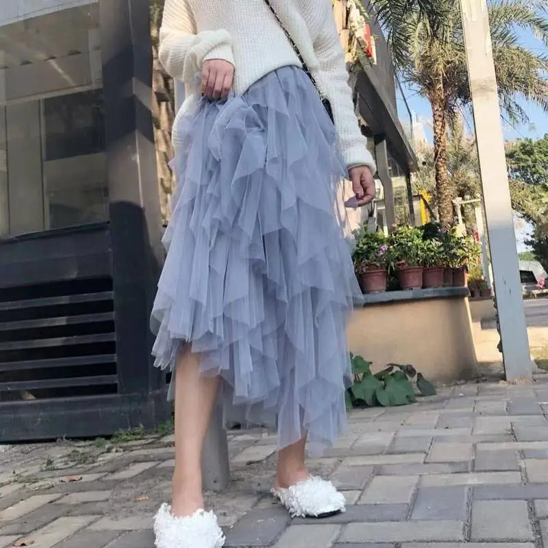 Vangull Tutu Tulle Skirt Women Long Maxi Mesh Skirt 2019 New Spring Summer Korean Black Pink High Waist Pleated Skirt Female