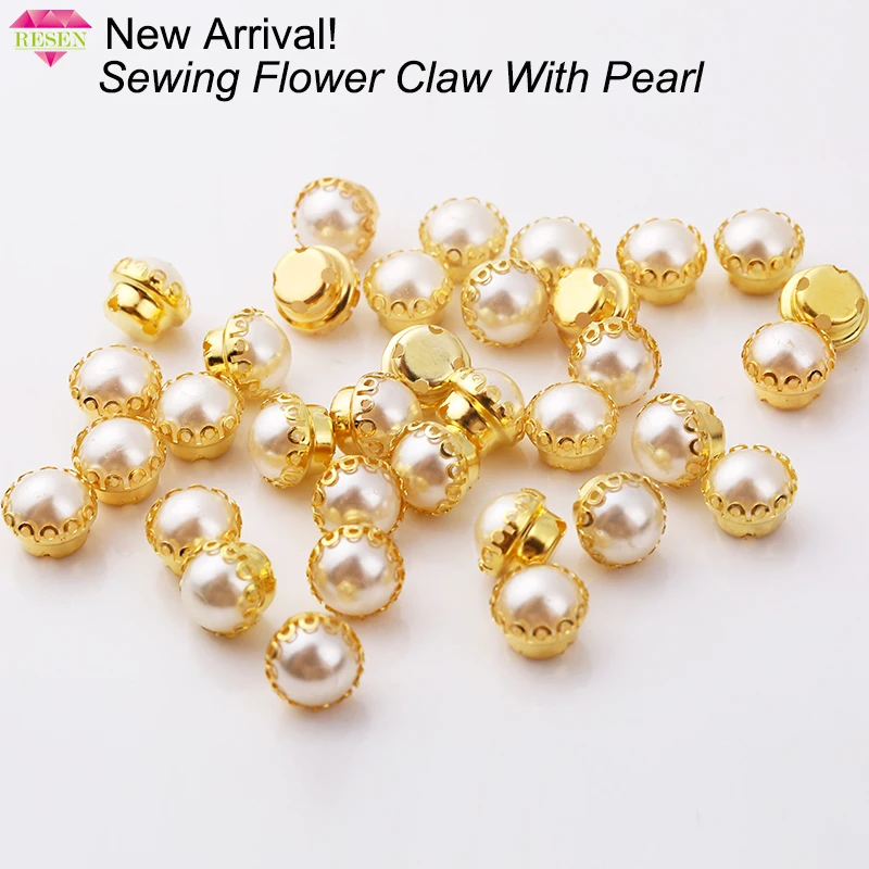 RESEN New Arrival! 50PCS 8MM Sew On Pearl Beads Sewing Rhinestones Gold
