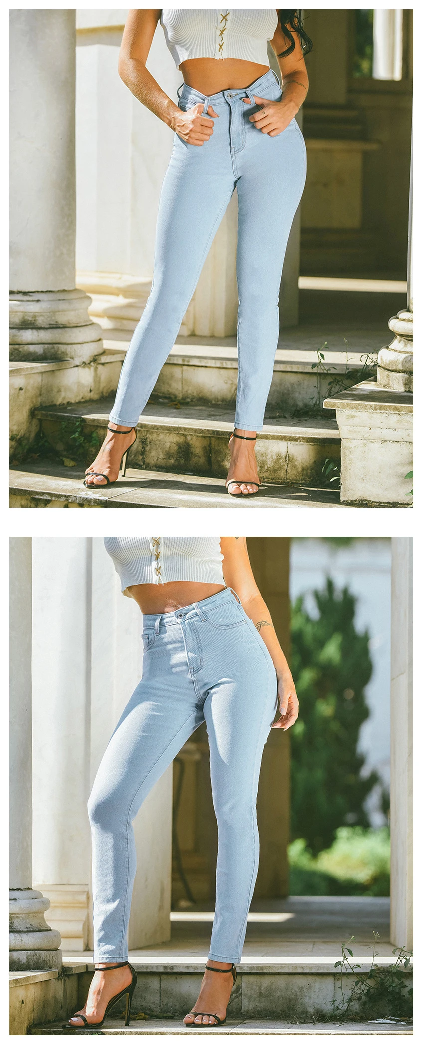 European and American autumn women's wear high waist slender stretch jeans pants pure color wash slim jeans (13)