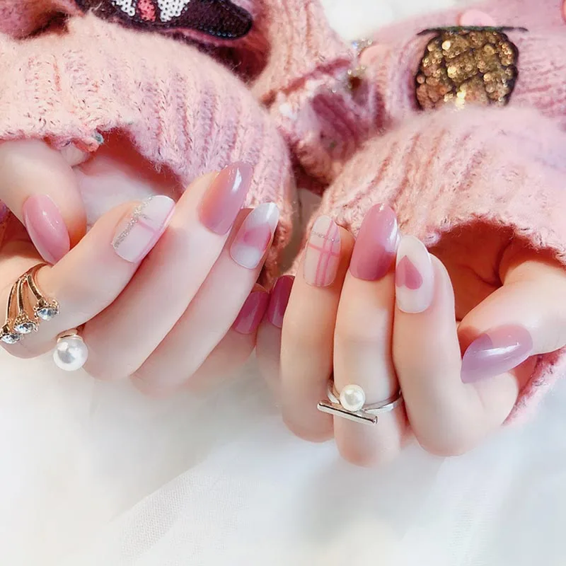 

24pcs Ladies DIY Fake Nail Heart Pattern Red White Striped DIY Manicure False Nails Decals MH88