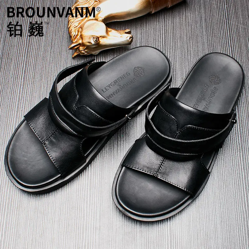 Soft Leather Men Sandals Mature and Steady Business Man Summer Slides Shoes Casual Beach Outdoor Slippers