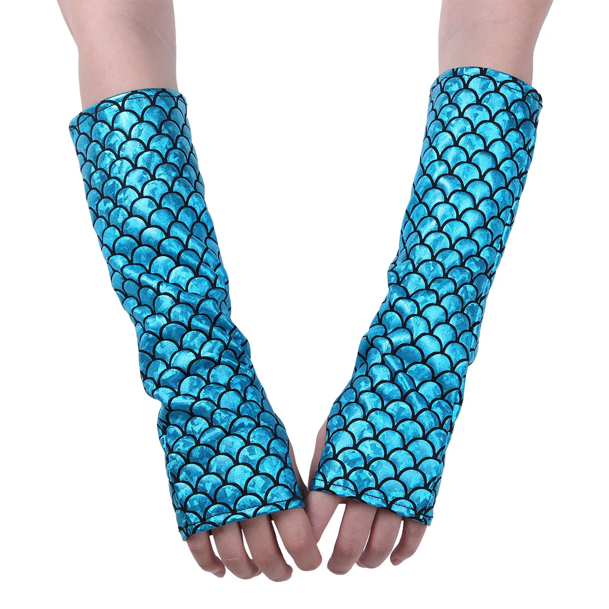 

MSemis Women Mermaid Gloves Fish Scale Printed Gloves Fingerless Long Gloves Arm Sleeves Adult Men Halloween Costume Accessory
