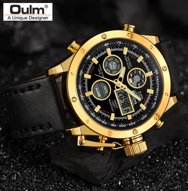 Oulm часы мужские часы лучший бренд класса люкс двойной дисплей Спорт водонепроницаемый кожаный ремешок золотые мужские наручные часы Relogio Masculino