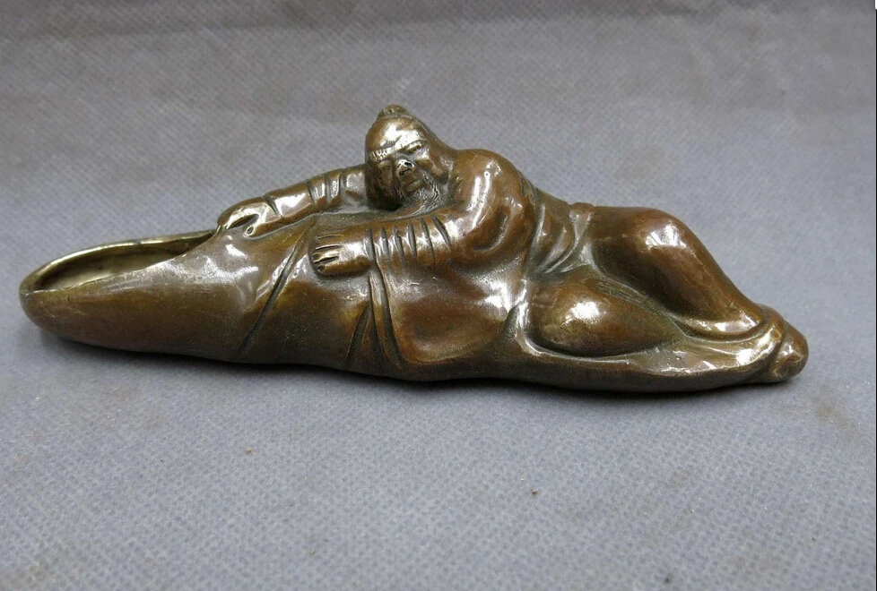 

China brass copper carved beautiful old man tea holder sculpture Statue