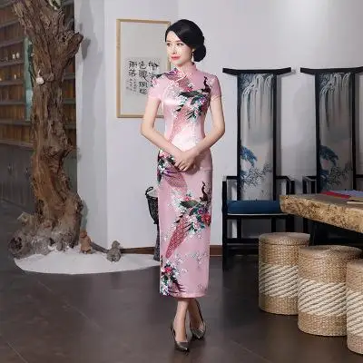 Белое китайское женское платье Qipao размера плюс 3XL с цветочным принтом Cheongsam длинное тонкое платье элегантное женское китайское платье - Цвет: Розовый