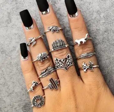 

12pcs/Set Bohemia Antique Silver Arrow Elephant Fox Lion Pony Pattern Carved Animal Rings Sets for Women Jewelry