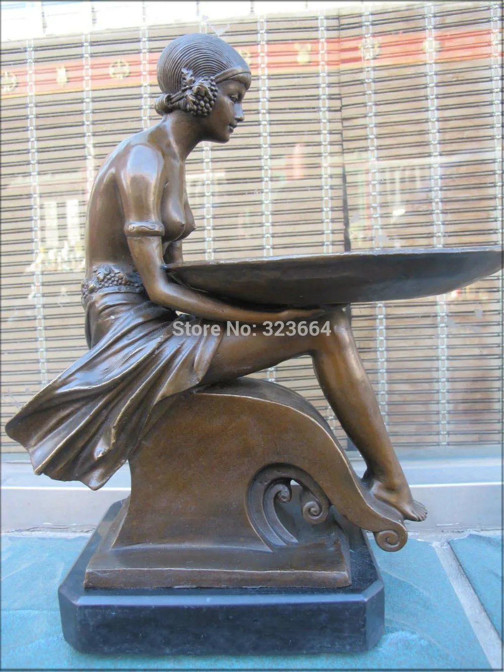 

15"Western deco Art bronze Marble salver Belle fruitage Tray woman Statue