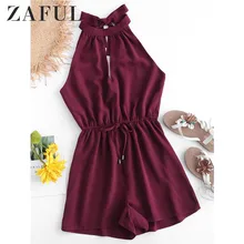 ZAFUL Tie Back Keyhole Flowy Romper Женщины Лето Круглый Воротник Без Рукавов Сплошной Цвет Комбинезоны Мода Короткий Комбинезон Комбинезон Комбинезон