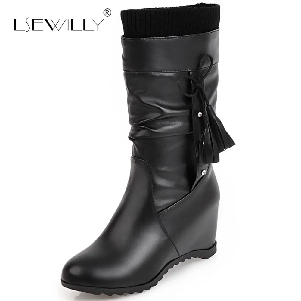 Lsewilly Women Half Boots Wedge Heel Mid Calf Boots Black White Pink