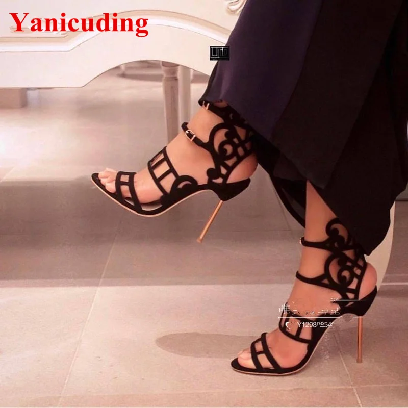 

Suede Women Sandal Sexy High Thin Metal Heel Peep Toe Star Runway Party Wedding Dress Shoes Side Buckle Closure Zapatos Mujer