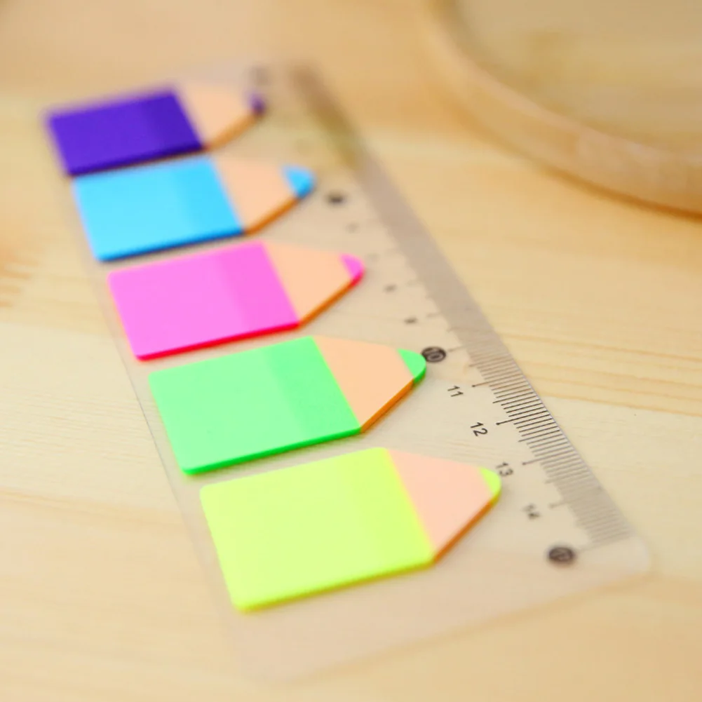 

5PCS Cute Pencil Shape sSelf-adhesive Memo Notes Notepad Index Label Bookmark Fluorescent Effect with Ruler Learning Stationery