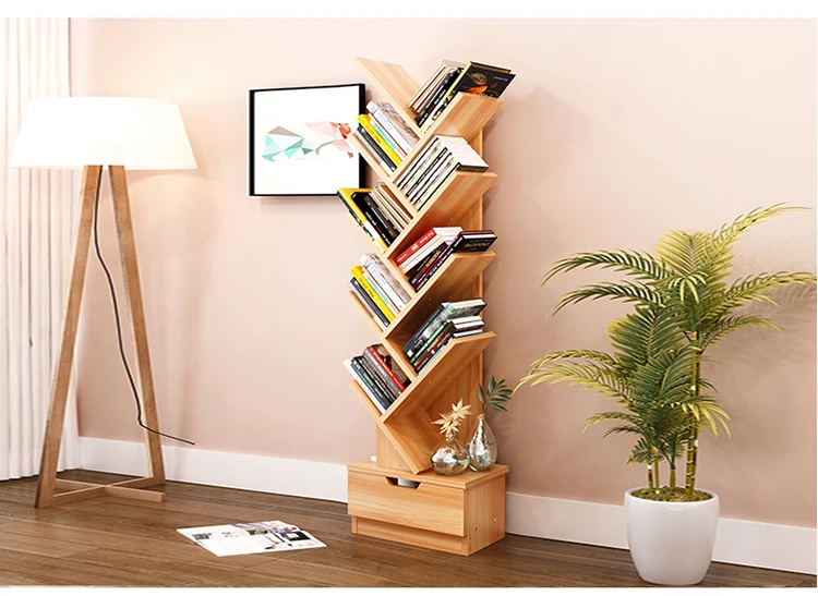 Modern 5-9-Tier Office Bookcase Wood Bookshelf Tree Storage Shelf Floor Standing Bookcase Organizer for Living Room