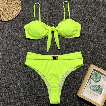 

Neon Green Knotted Bandeau Swimsuit Female High Waist Bikini Women Ribbed Swimwear Two-pieces Bikini set 2019 Thong Bathing Suit