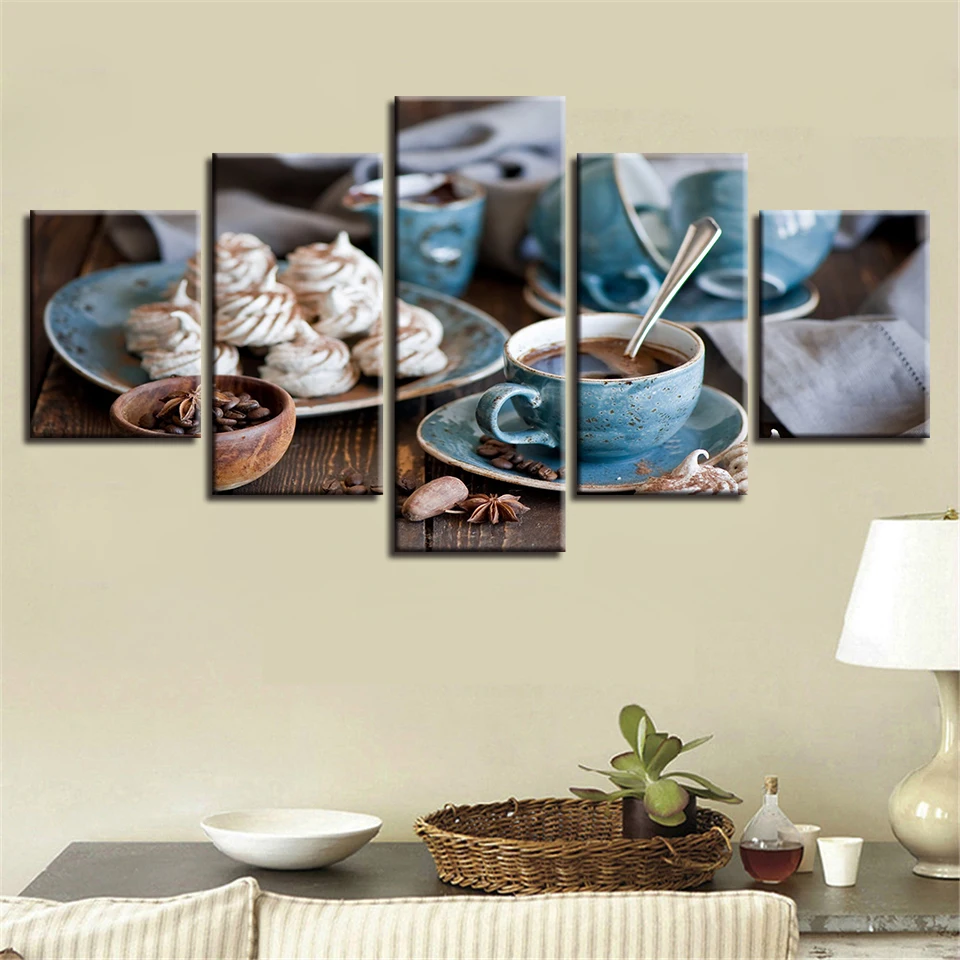 Картины на холсте домашний декор модульные HD принты 5 шт. кофейная чашка картины прекрасный день чай плакат кухня стены искусство рамки