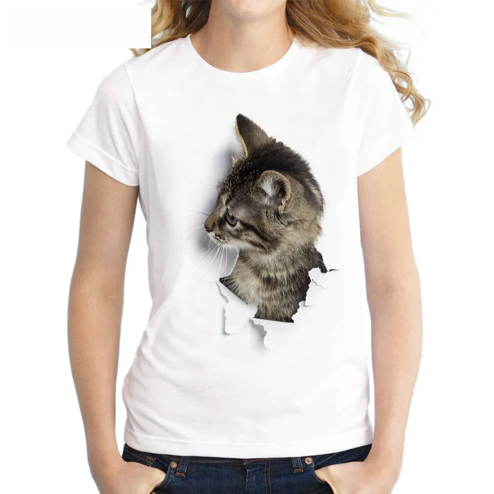 Летняя Милая футболка с 3D принтом озорного кота, Женская Оригинальная футболка с круглым вырезом и коротким рукавом, топы, футболки