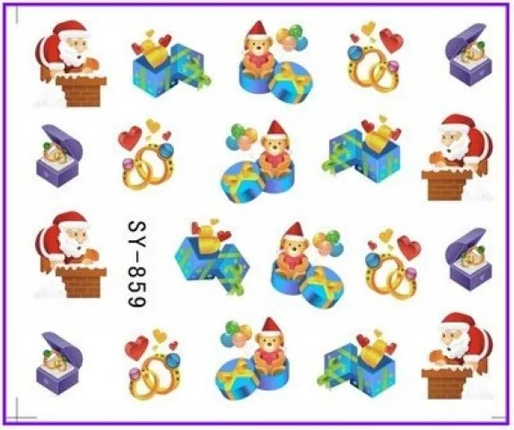 Блестящая водная наклейка для ногтей, наклейки для ногтей на Рождество, Рождество, Санта-Клаус, олень, SY855-860