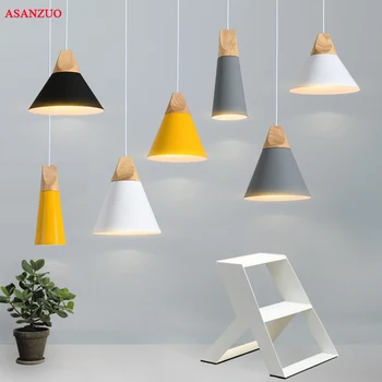 

Modern Wood Dining Room Lights Pendant Lamp Art Pendant Lights Lamparas Colorful Aluminum lamp shade Luminaire For Home Lighting