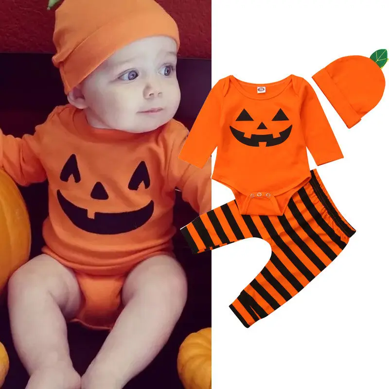 Brand New Newborn Infant Baby Boy Halloween Clothes Tops Rompers+Long Striped Pants+Hat Outfits