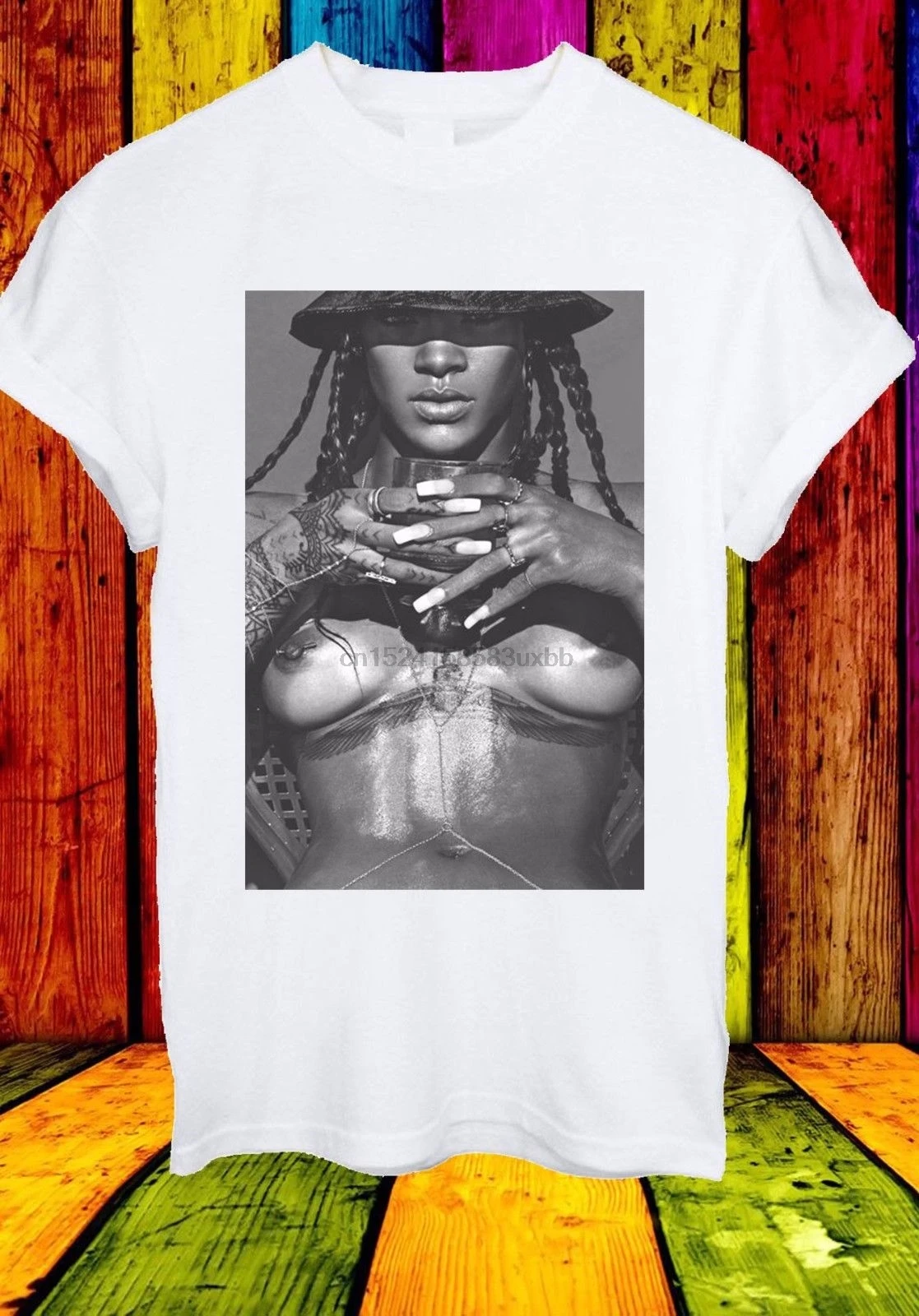 

Robyn Rihanna Fenty Singer Hat Sexy Nipple Piercing Men Women Unisex T-shirt 744 custom printed tshirt hip hop funny tee