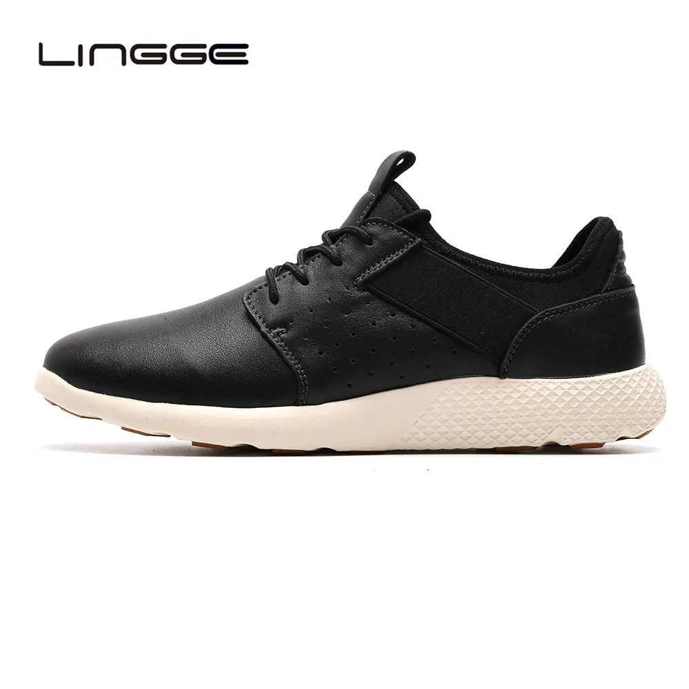 LINGGE Men Shoes Black Leather Flats Fashion Sneakers Spring Casual Shoes Men Big Size 47 Light Comfort Lace Up Trainers Tenis