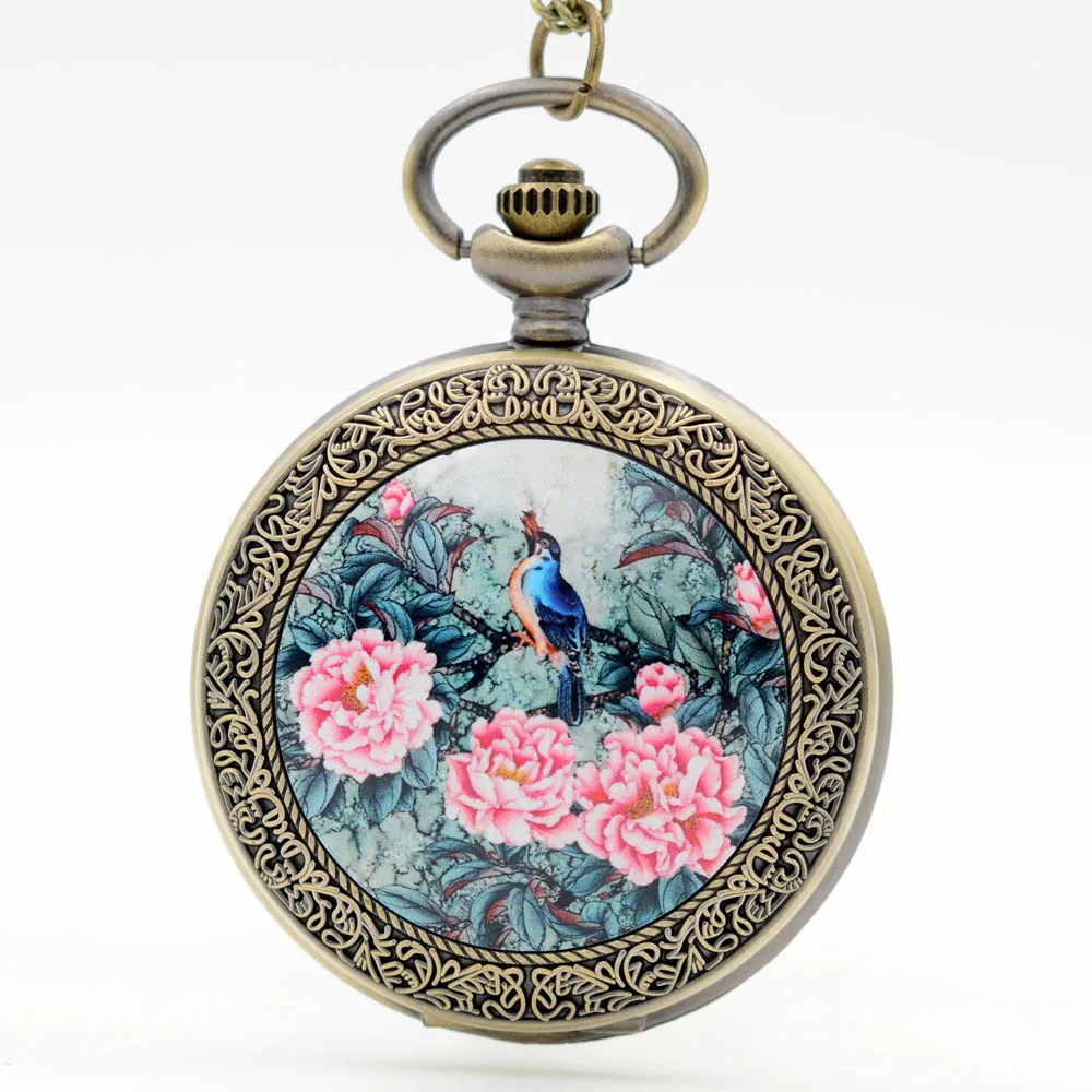 

Retro Vintage Birds Rich flowers Chinese ink Painting Quartz Pocket Watch Analog Pendant Necklace Men Women Watches Chain Gift