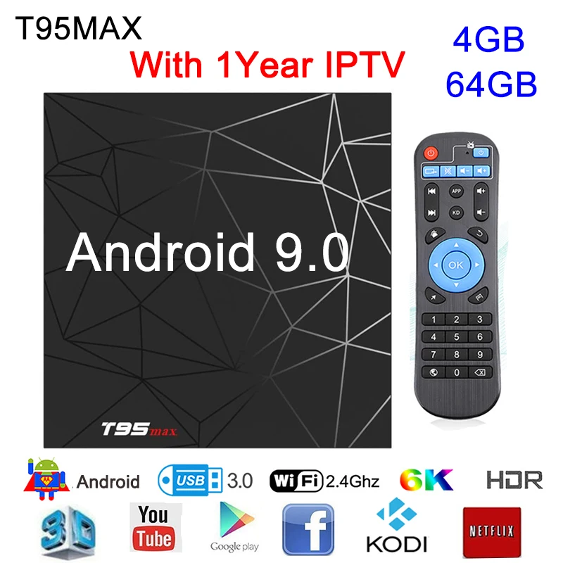 IPTV T95 MAX Android 9.0 Smart TV Box 4GB 64GB 6K HD Set Top Box USB 3.
