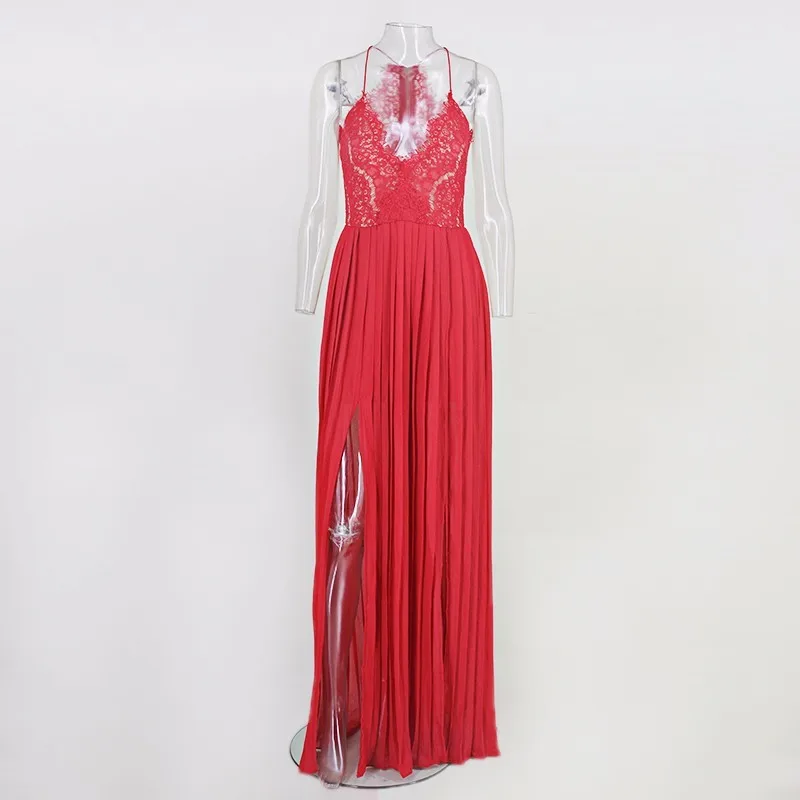 Ohvera, с высоким разрезом без спинки, сексуальные платья для вечеринок, женское Красное Кружевное макси платье, элегантное, с высокой талией, на тонких бретелях, летнее платье Vestidos