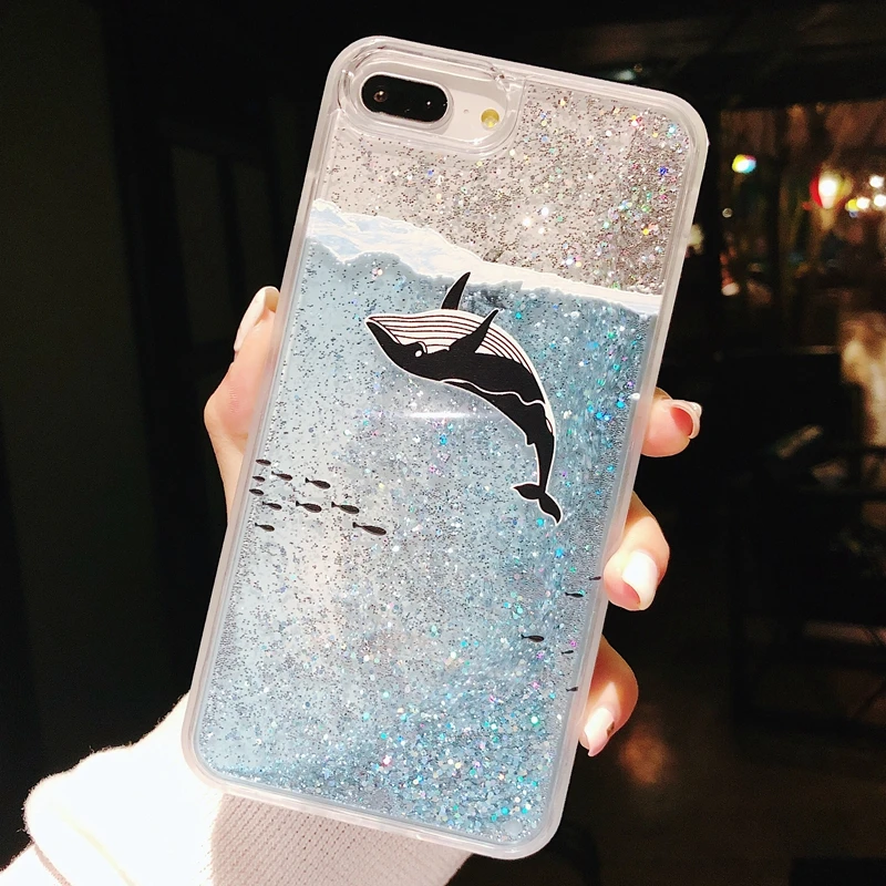 

7Plus case Cute Dolphin Liquid Quicksands Phone Case Coque for iPhone 7 Case Cover for iPhone 6 6s 8 Plus iPhone X Case Women