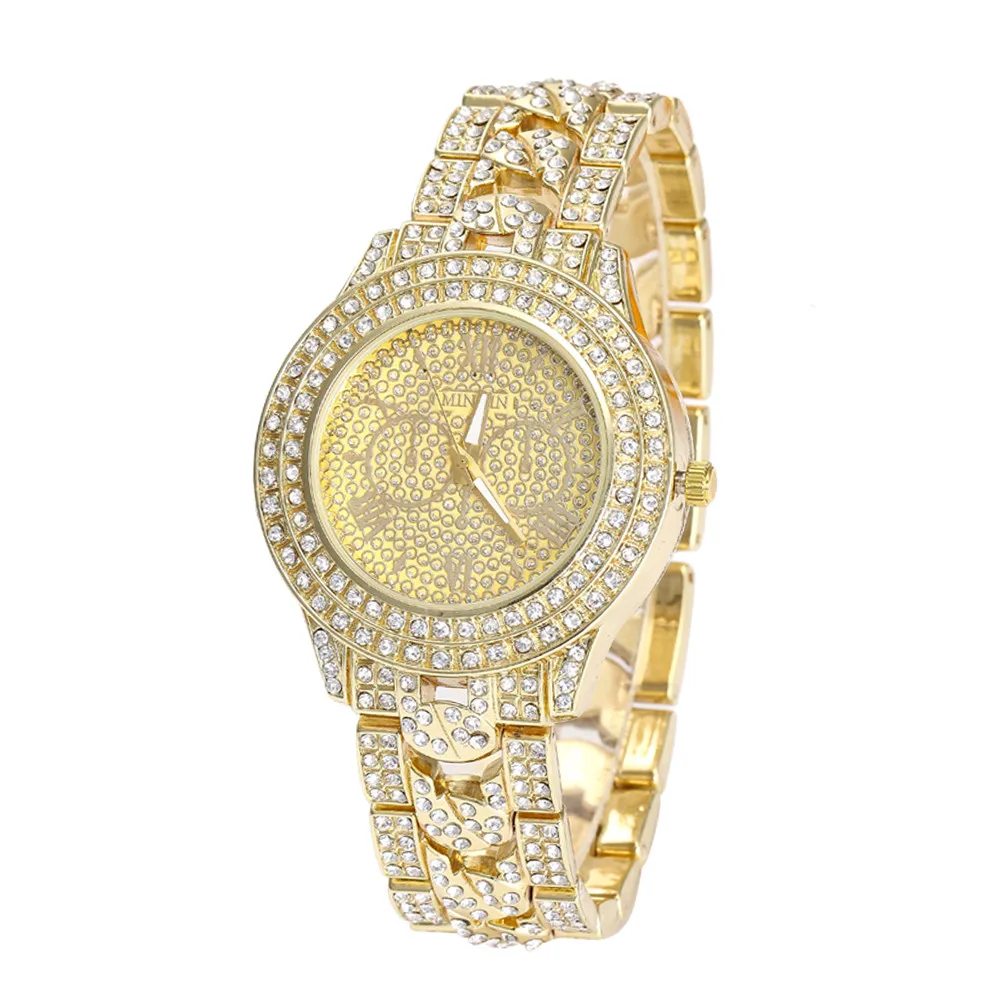 

Women Round Full Diamond Bracelet Watch Analog Quartz Movement Wrist Watch Luxury Golden Leather Ladies Watch Women Dress A50