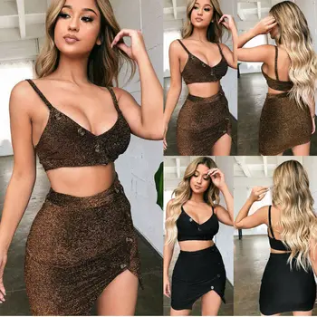 

2pcs Sexy Underwear Women's Sets Button Bodycon Crop Top Playsuit Skirt Club Party Short Dress Bodycon Bra Midi Skirt Clubwear