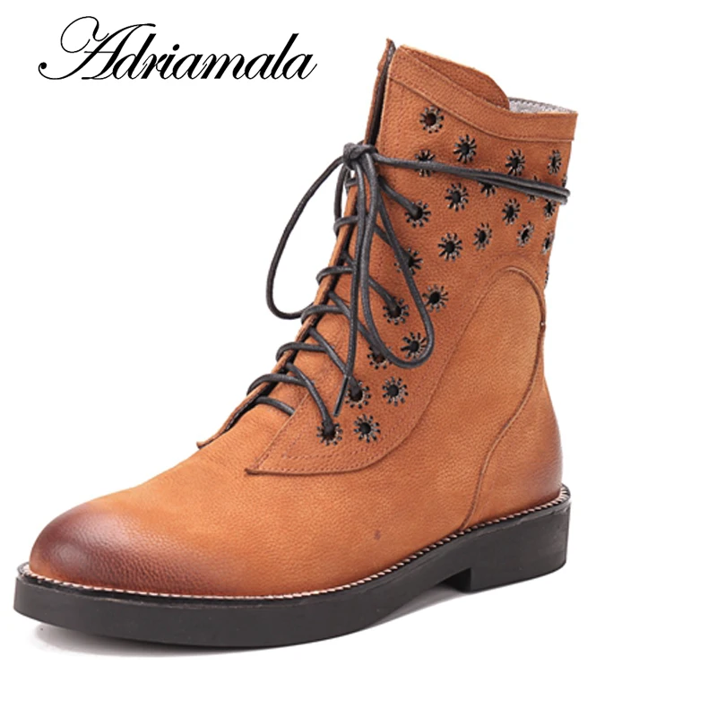 

2018 Genuine Leather Ankle Boots Woman Round Toe Basic Square Heel Zipper New Ankle Boots Women Autumn Fashion Adriamala