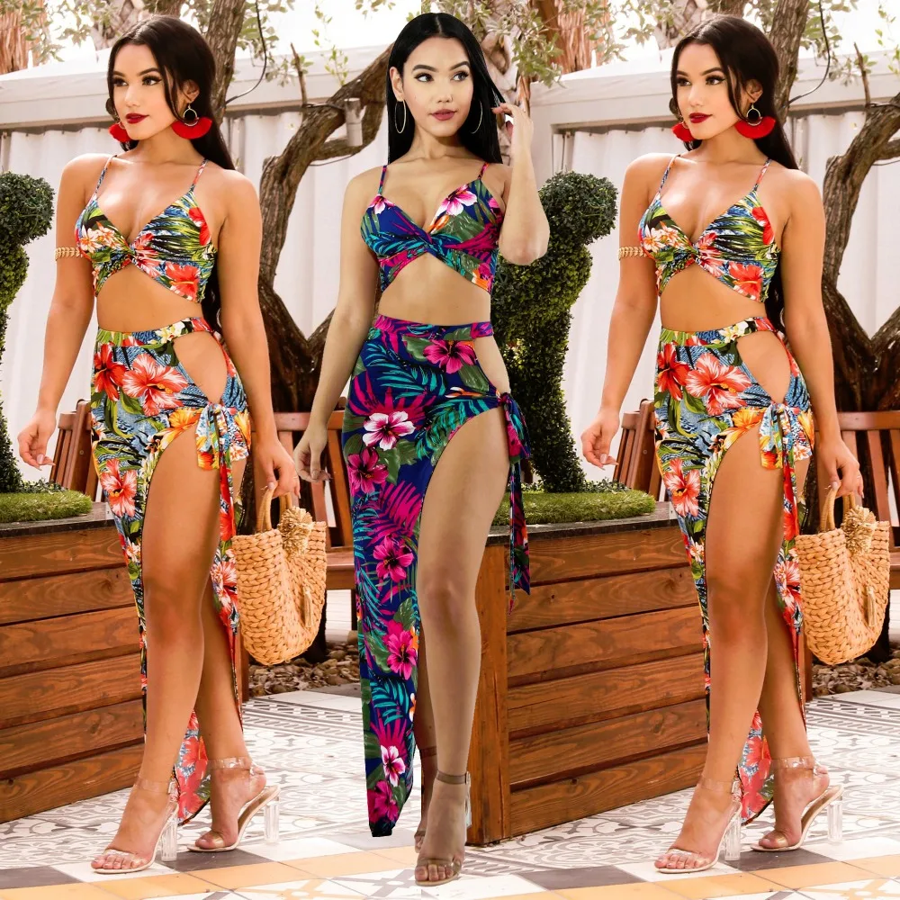 

Summer Dress Sexy Two Piece Set Women Empire Flora Printed Sleeveless Spaghetti Strap Hot Crop Top Beach Asymmetricall Dress