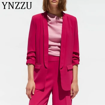

YNZZU 2019 Autumn Blazer Women Elegant Notched Collar Fold Three Quarter Sleeve OL Suit Blazer Brief Loose Women's Jacket AO993