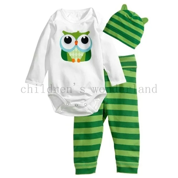  2016 Spring Autumn cotton Hat+Romper+Pant 3Pcs Boys Girls Cartoon owl cat Mickey mice printed clothing Kids suits 13