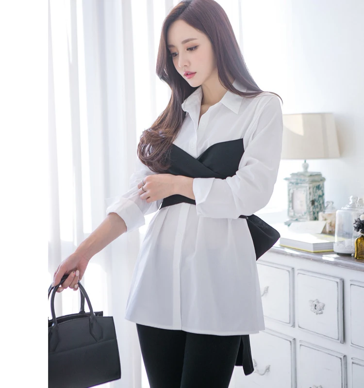 VGH, Корейская Весенняя Ложная Рубашка для женщин, с отворотом, с длинным рукавом, темперамент, бант, пэтчворк, опт