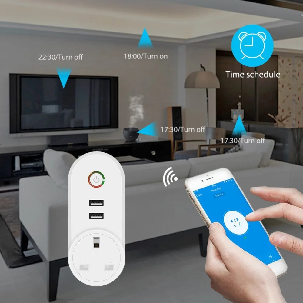 Wi-Fi пульт дистанционного управления, переключатель времени, розетка Smart UK Plug, розетка, беспроводная, с 2 USB разъемами, таймер, питание, домашние устройства 3