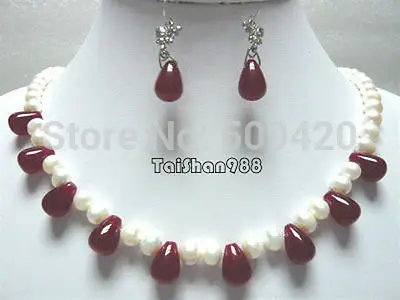 

Free p&p Wholesale FS65638>>>>real white pearl red agate jade drip necklace earrings set #@