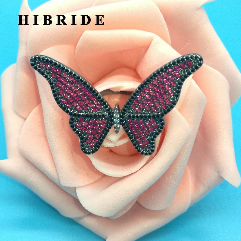 

HIBRIDE Big Red Stone Butterfly Women Bridal Rings Black Gun Plated Bague Engagement Gifts Anillos Mujer R-152