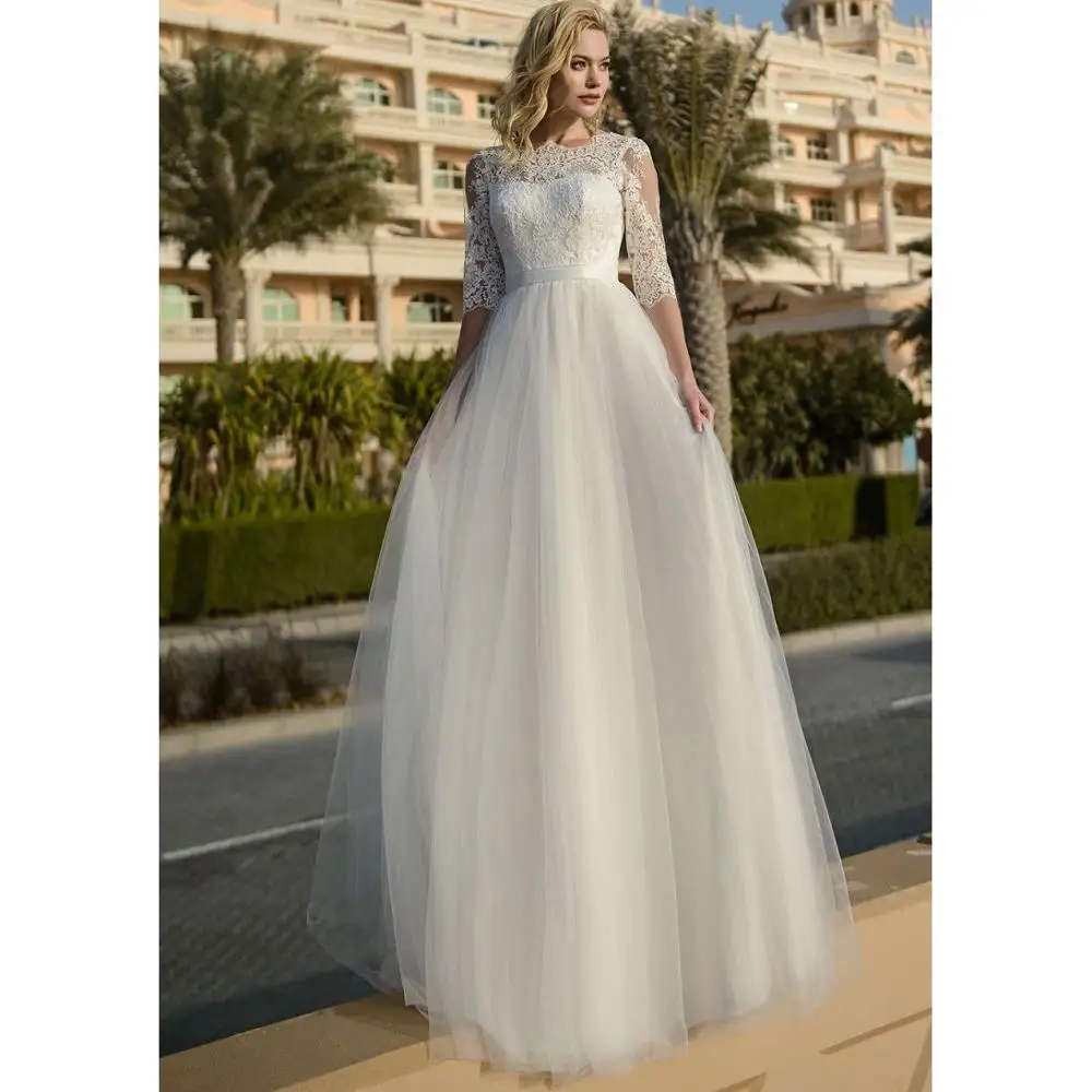 

Cheap Charming A-line Lace Top Wedding Dresses Half Sleeve Backless Sweep Train Bridal Gowns Country Garden Bridal Dresses