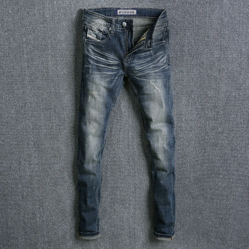 

Fashion Classical Men Jeans Retro Blue Wash Slim Fit Ripped Jeans Men Elastic Denim Pants Italian Style Streetwear Vintage Jeans