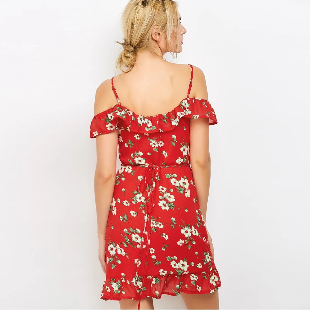 VESTLINDA Floral Print Mini Wrap Dress Red Spaghetti Strap V Neck Party Dresses Ruffles Asymmetrical Mini Vestidos Summer Dress 2