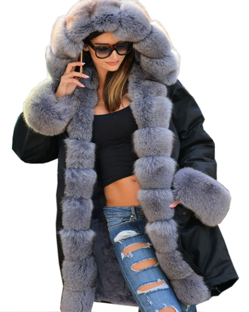 Roiii Thickened Warm Grey Faux Fur Soft Warm Parka Fashion Women Hooded ...