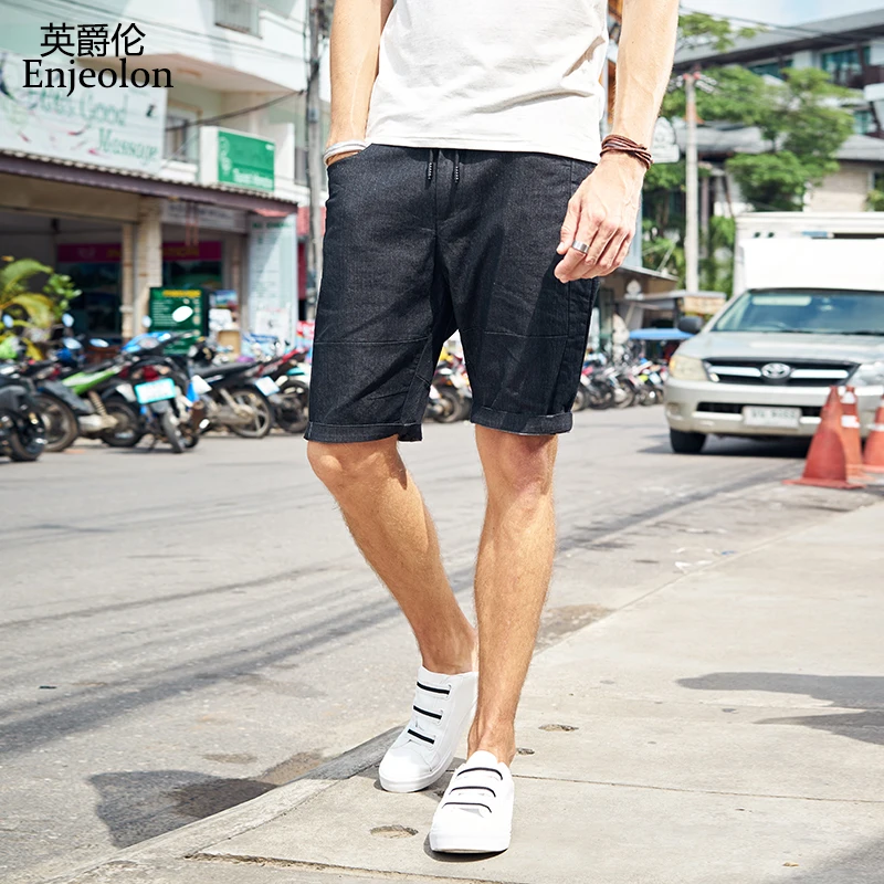 

Enjeolon Summer new Casual jeans Shorts Men Cotton solid shorts male Available Knee length casual jeans pants K6436