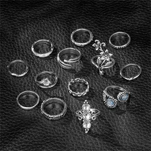 Vintage Rose Flower Rings Set For Women Girl Bohemia Antique Silver Color Feather Midi Rings Set Floral Knuckle Ring 13Pcs/Set vintage heart flower feather cuff ring set