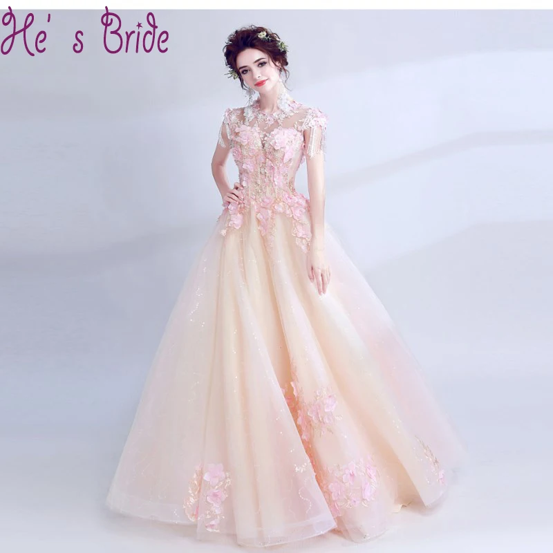 Prom Dress Fairy Pink Rose Flower Bride Banquet Dress with Lace O Neck