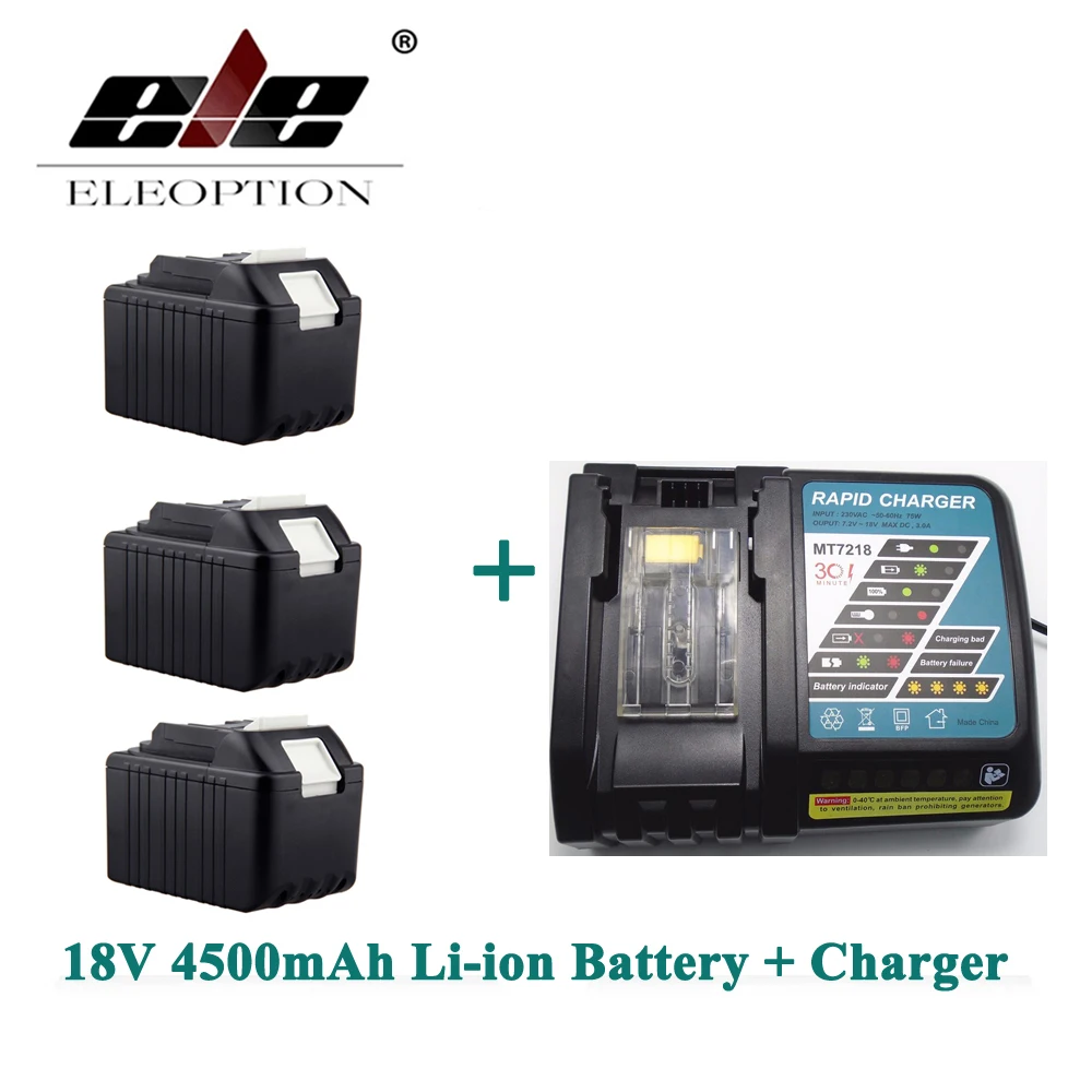 

ELEOPTION 3PCS 4500mAh 18V Li-ion Rechargeable Power Tool battery for Makita BL1830 LXT400 194205-3 BL1840 Battery + Charger