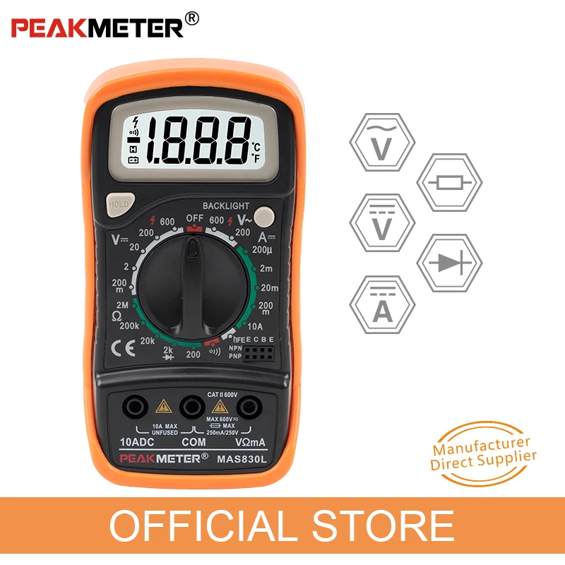 

Official PEAKMETER MAS830L Portable Handheld Multimeter for DC or AC Current Voltage Resistance Measuring Tester