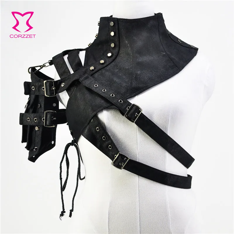 

Black Pocket Rivet High Collar One Shoulder Steampunk Armor PU Leather Jacket Women Retro Vintage Top Gothic Corset Accessories