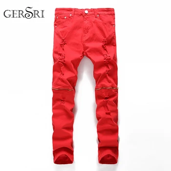 

Gersri Large Capacity 42 28 Ripped Jeans Men Holes Skinny Designer Slim Fit Destroyed Jeans Pencil Pants Slim Zipper Jeans Red