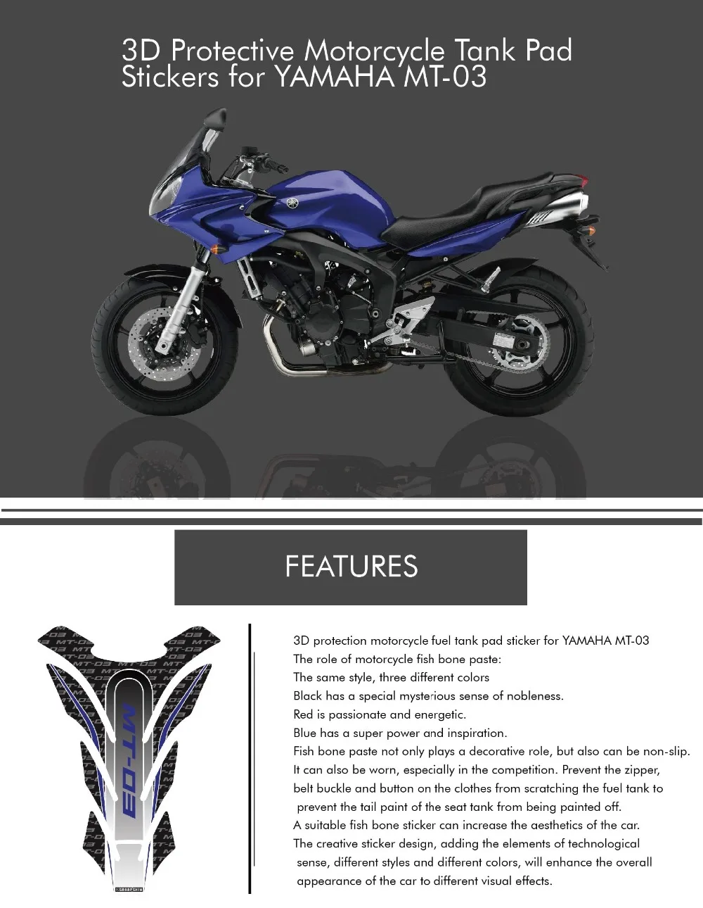 mt03 Motorcycle 3D fuel tank pad sticker protective decorative decal For YAMAHA MT-03 Tank Pad Stickers